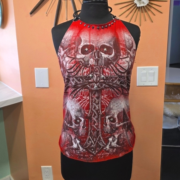 Edgy Vintage Y2K Red Skull Graphic Open Back Halter Studded Biker Cross Custom - Picture 1 of 13